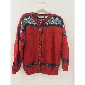 Northern Isles Knitted by hand Red Cotton Blend Cardigan Size large Cottagecore